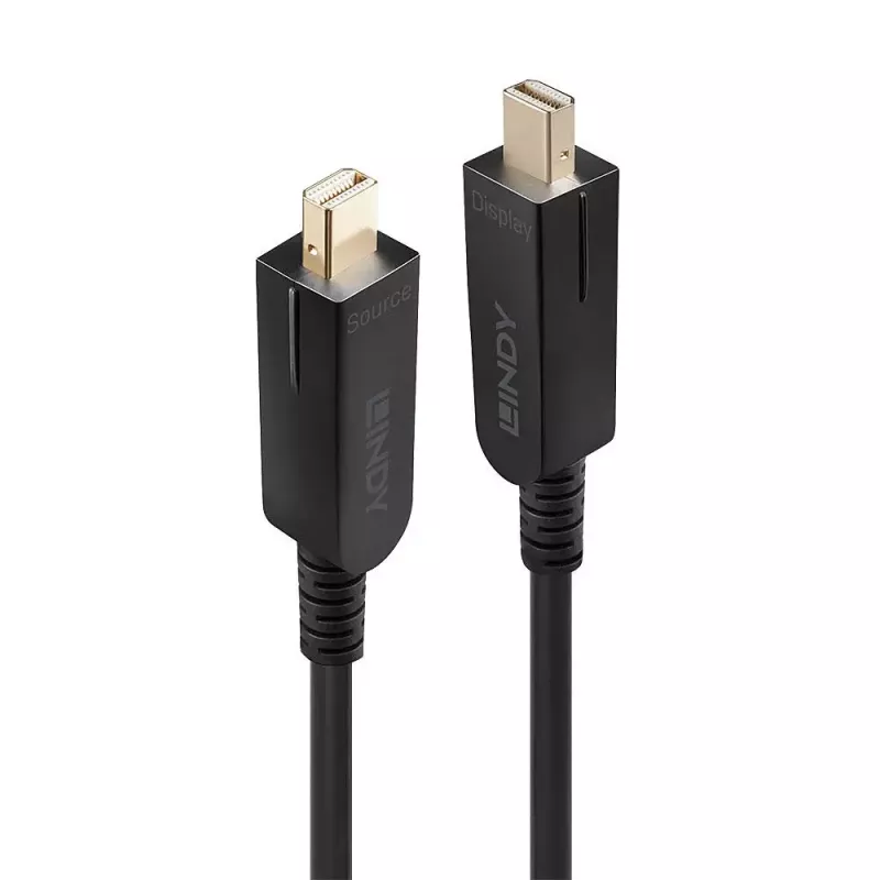Cabo Mini DisplayPort 1.4 híbrido de fibra ótica Lindy 50m com conectores DP removíveis