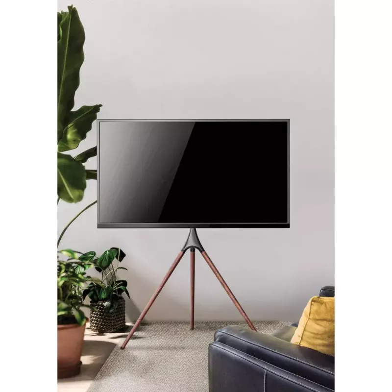 Manhattan 461795 suporte de TV móvel com pernas de tripé, portátil, 45–65 polegadas (114,3–165,1 cm), máx. 32 kg, alumínio/aço/nogueira, preto/castanho