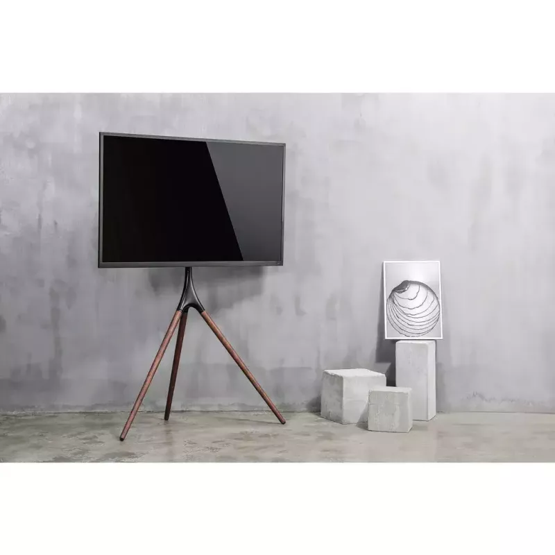 Manhattan 461795 suporte de TV móvel com pernas de tripé, portátil, 45–65 polegadas (114,3–165,1 cm), máx. 32 kg, alumínio/aço/nogueira, preto/castanho