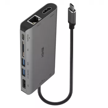 Lindy DST-Mini XT, docking station mini para portátil USB-C com ecrã único (4K) ou ecrã duplo (Full HD) e carregamento pass-through de 100W