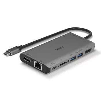 Lindy DST-Mini XT, docking station mini para portátil USB-C com ecrã único (4K) ou ecrã duplo (Full HD) e carregamento pass-through de 100W
