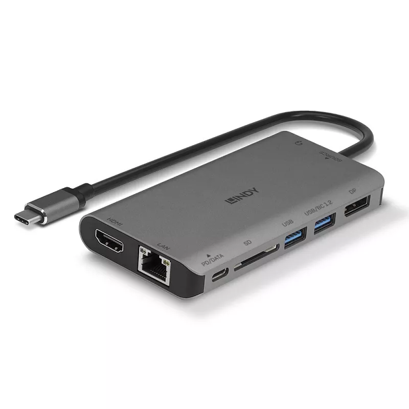 Lindy DST-Mini XT, docking station mini para portátil USB-C com ecrã único (4K) ou ecrã duplo (Full HD) e carregamento pass-through de 100W