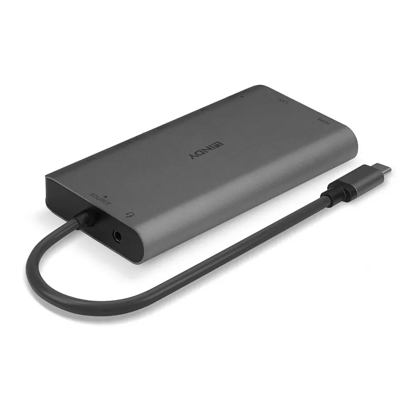 Lindy DST-Mini XT, docking station mini para portátil USB-C com ecrã único (4K) ou ecrã duplo (Full HD) e carregamento pass-through de 100W