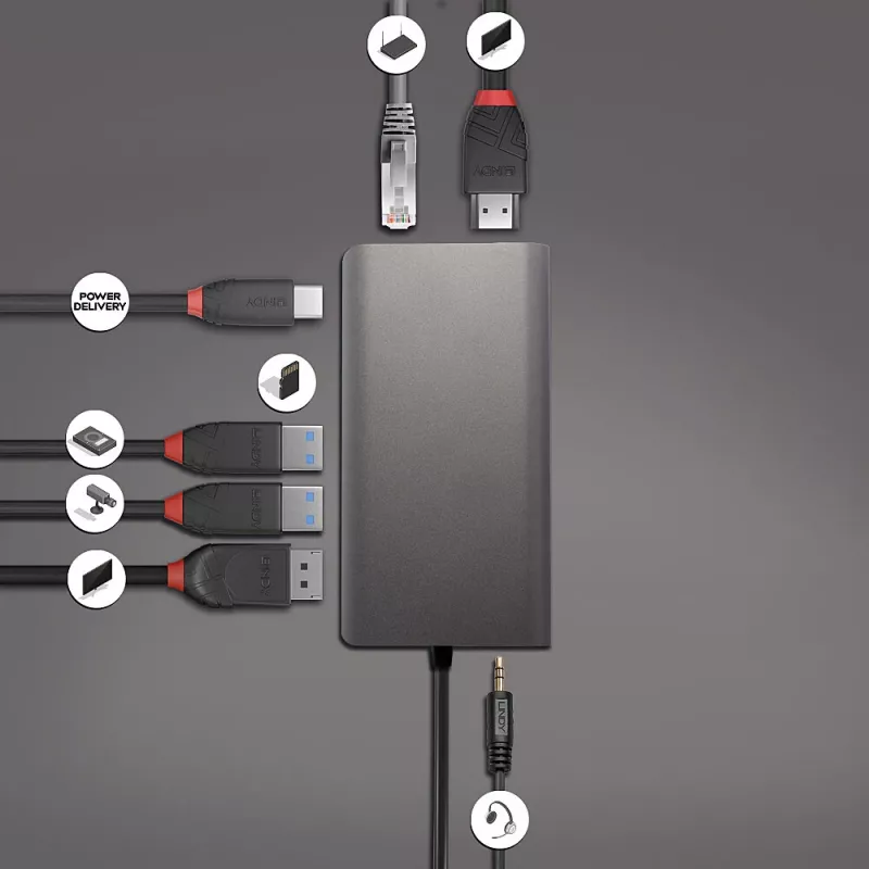 Lindy DST-Mini XT, docking station mini para portátil USB-C com ecrã único (4K) ou ecrã duplo (Full HD) e carregamento pass-through de 100W