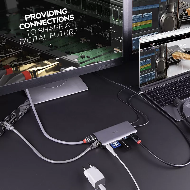Lindy DST-Mini XT, docking station mini para portátil USB-C com ecrã único (4K) ou ecrã duplo (Full HD) e carregamento pass-through de 100W