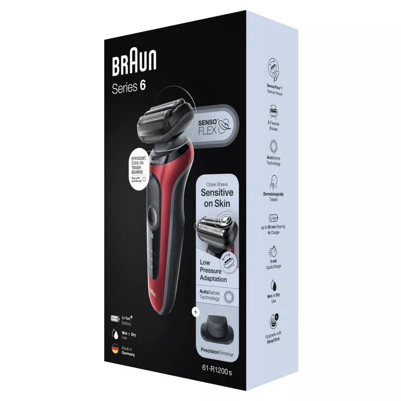 Máquina de barbear de lâminas Braun Series 6 61-R1200s SensoFlex SensoFoil preto vermelho