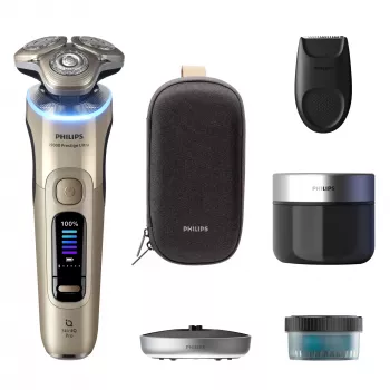 Máquina de barbear elétrica Philips i9000 Prestige Ultra XP9403 — sistema rotativo de 3 cabeças, SkinIQ Pro, barbear a seco e molhado, bateria, estação de limpeza, dourado