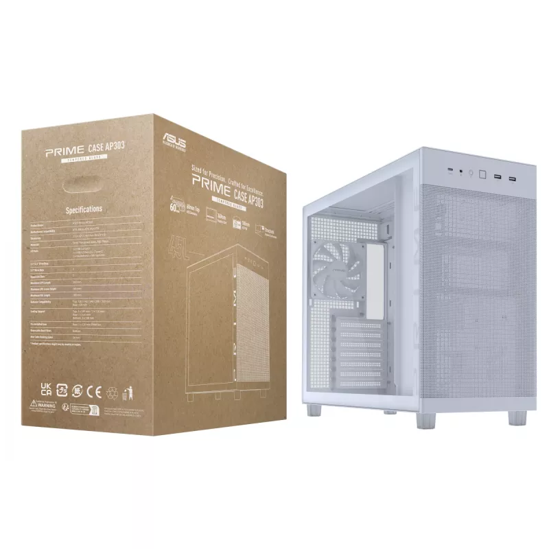 ASUS PRIME AP303 TG 90DC00V3-B39010 caixa de PC Midi Tower, ATX/Micro-ATX, vidro temperado, 2x USB 3.2, sem fonte de alimentação, branca