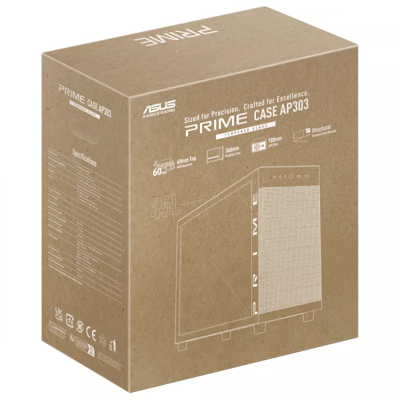 ASUS PRIME AP303 TG 90DC00V0-B39010 caixa de PC Midi Tower, ATX/Micro-ATX/Mini-ITX, vidro temperado, 2x USB 3.2, sem fonte de alimentação, preta