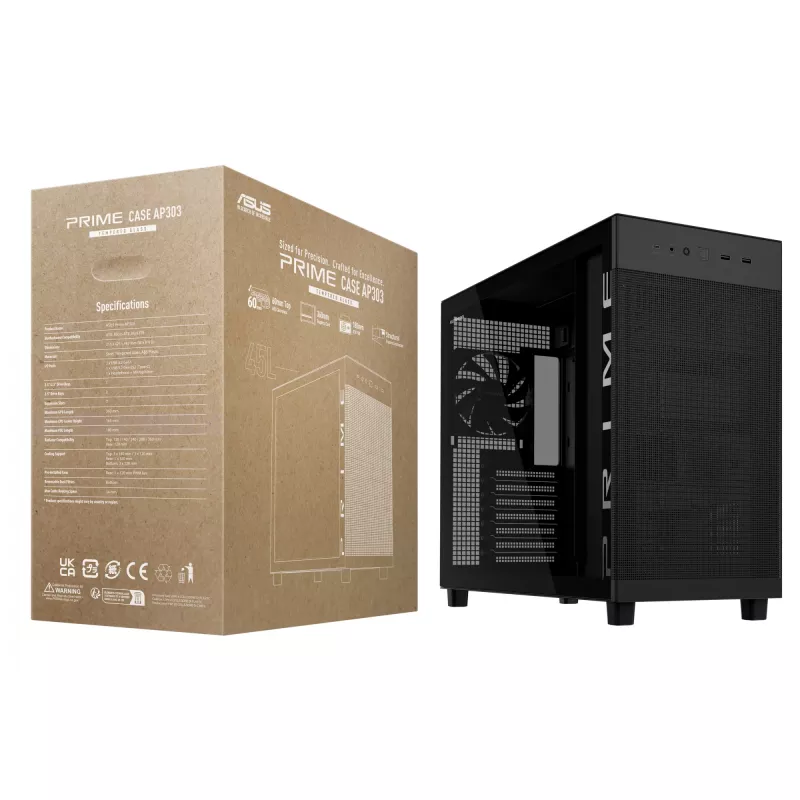 ASUS PRIME AP303 TG 90DC00V0-B39010 caixa de PC Midi Tower, ATX/Micro-ATX/Mini-ITX, vidro temperado, 2x USB 3.2, sem fonte de alimentação, preta