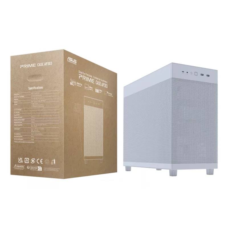 ASUS PRIME AP303 Mesh 90DC00V3-B39000 caixa de PC Midi Tower, ATX/Micro-ATX, painel em malha, 2x USB 3.2, sem fonte de alimentação, branca