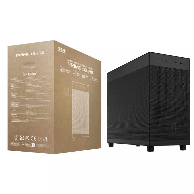 Caixa para PC ASUS Prime AP303 Mesh Midi Tower — ATX, suporta GPU 36 cm, cooler da CPU 165 mm, USB-A 2×, USB-C 1