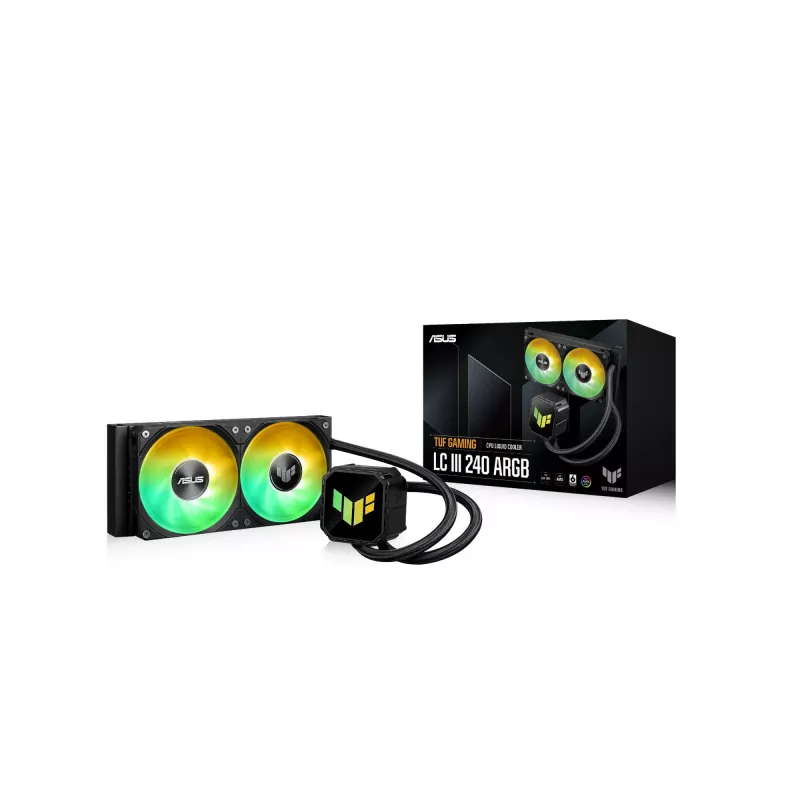 Refrigeração líquida All-in-One ASUS TUF GAMING LC III 240 ARGB — radiador de 240 mm, 2 ventoinhas ARGB de 120 mm, suporte para socket AM5, preto
