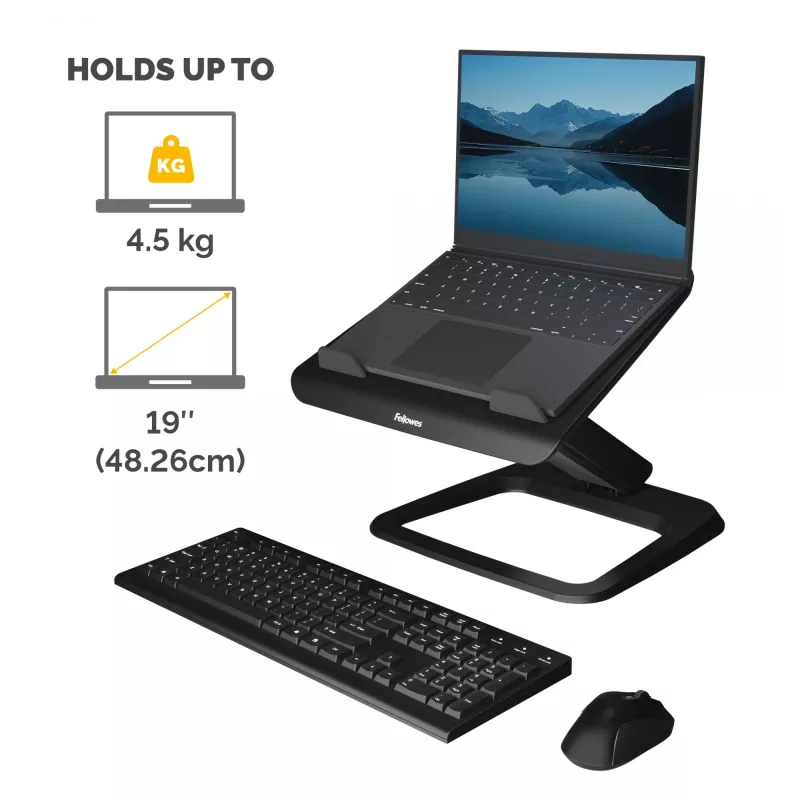 Suporte para portátil Fellowes para secretária – Suporte para portátil Hana LT para casa e escritório – Suporte para portátil ajustável com 3 alturas – Tamanho máximo de ecrã 19