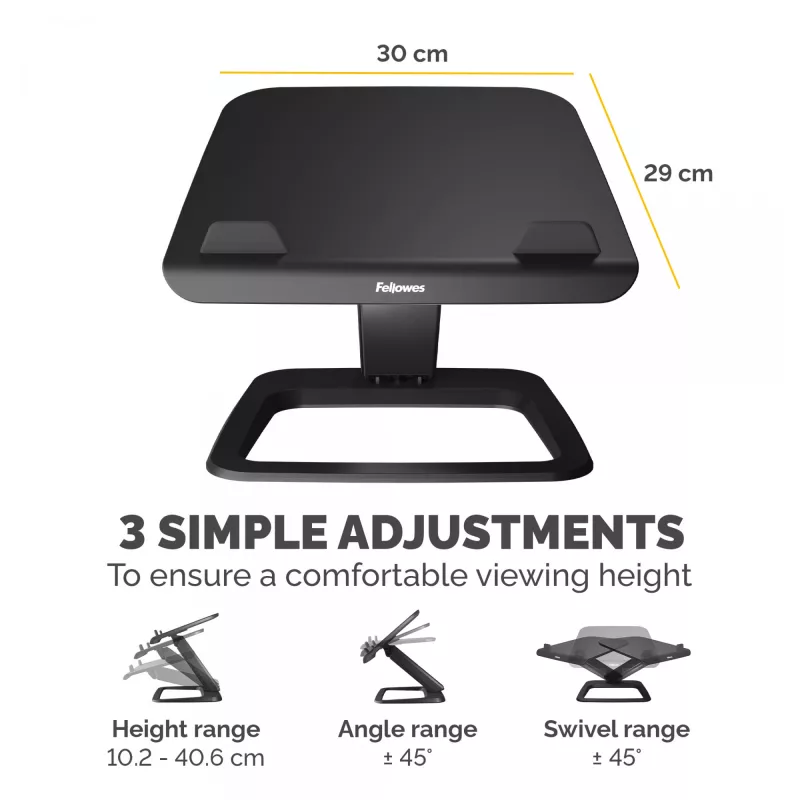 Suporte para portátil Fellowes para secretária – Suporte para portátil Hana LT para casa e escritório – Suporte para portátil ajustável com 3 alturas – Tamanho máximo de ecrã 19