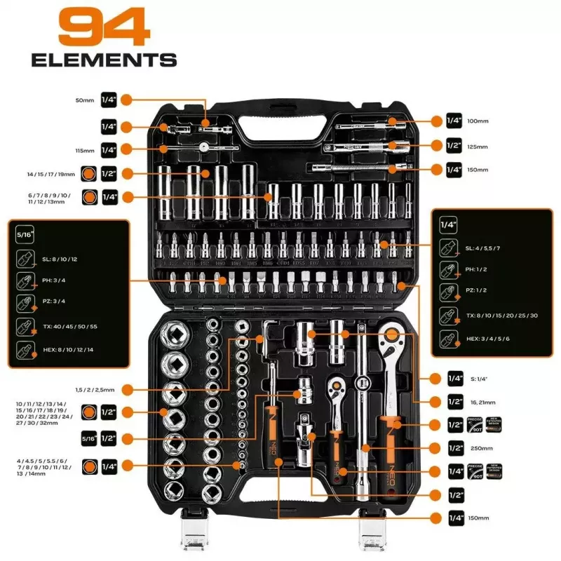 Conjunto de chaves de caixa NEO Tools 10-062, encaixe 1/2