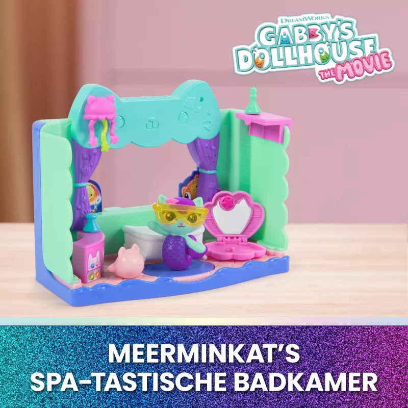 Conjunto de figuras de brincar Spin Master Gabby's Dollhouse The Movie — Acessórios de banho Spa-wesome da MerCat, a partir dos 3 anos