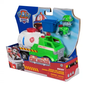 PAW Patrol Fire Rescue: Rocky Rescue Camião-cisterna de bombeiros com figura de ação, braço de garra e camião de brinquedo, brinquedo para rapazes e raparigas a partir dos 3 anos
