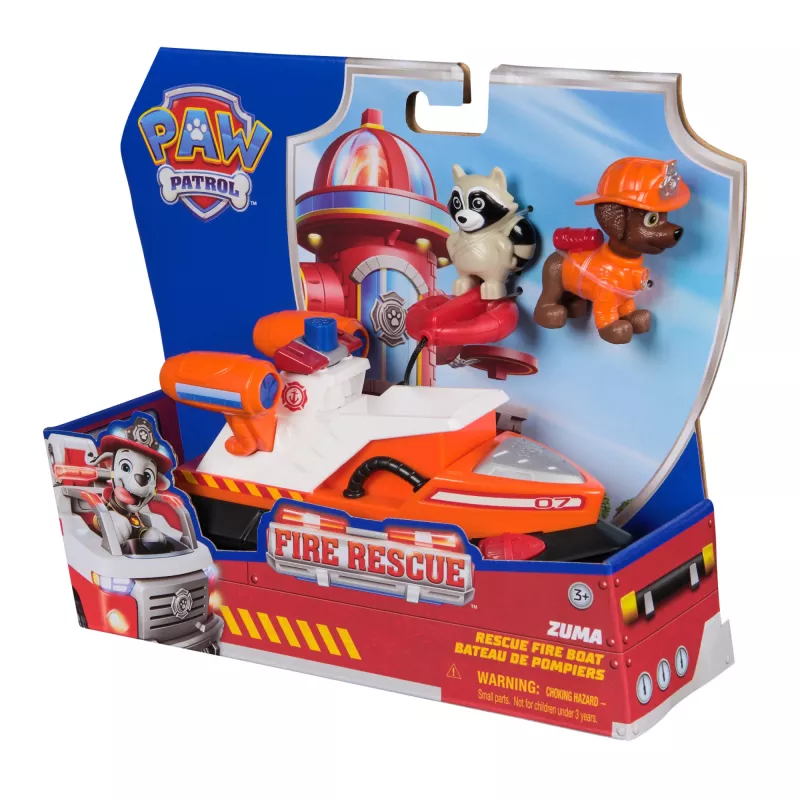 PAW Patrol Fire Rescue: Zuma Barco de bombeiros de resgate com figura de ação, boia de salvamento lançável, guaxinim e barco de brinquedo, brinquedo para rapazes e raparigas a partir dos 3 anos