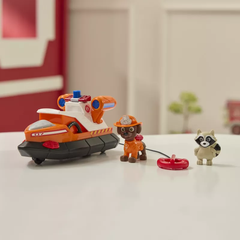 PAW Patrol Fire Rescue: Zuma Barco de bombeiros de resgate com figura de ação, boia de salvamento lançável, guaxinim e barco de brinquedo, brinquedo para rapazes e raparigas a partir dos 3 anos