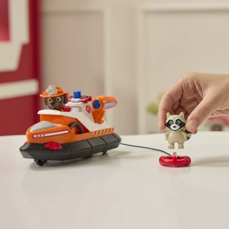 PAW Patrol Fire Rescue: Zuma Barco de bombeiros de resgate com figura de ação, boia de salvamento lançável, guaxinim e barco de brinquedo, brinquedo para rapazes e raparigas a partir dos 3 anos