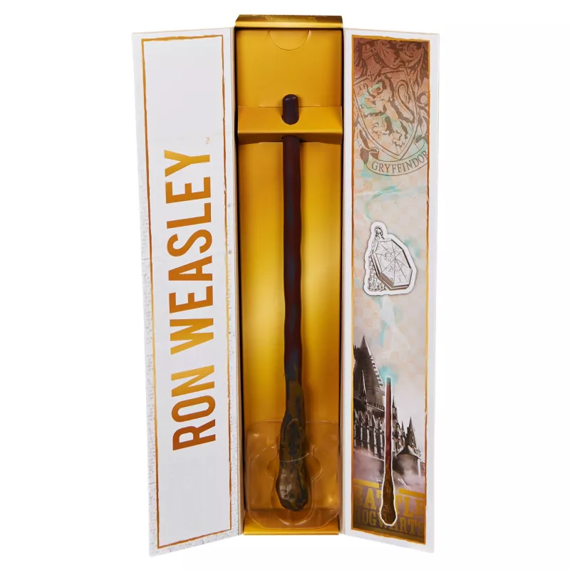 Spin Master Wizarding World Harry Potter varinha autêntica de Ron Weasley com suporte de Hogwarts, para jogos de papéis, de plástico, a partir dos 14 anos