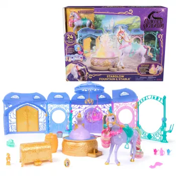 Conjunto de brincar Spin Master Unicorn Academy estábulo com fonte, efeitos de luz e som