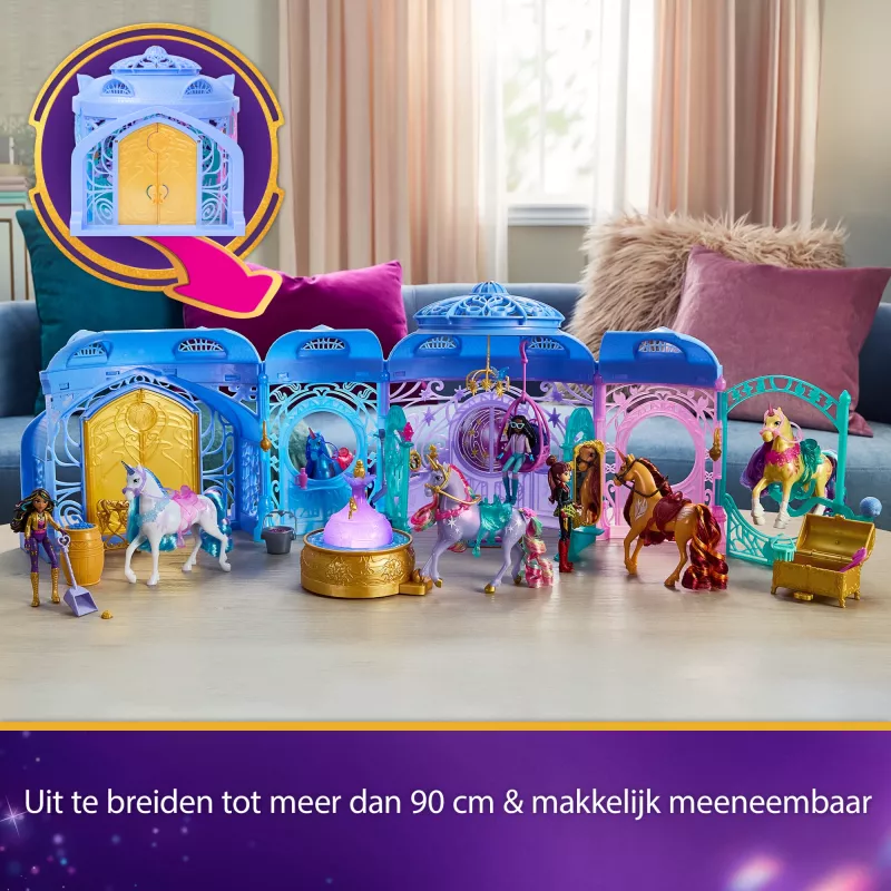 Conjunto de brincar Spin Master Unicorn Academy estábulo com fonte, efeitos de luz e som