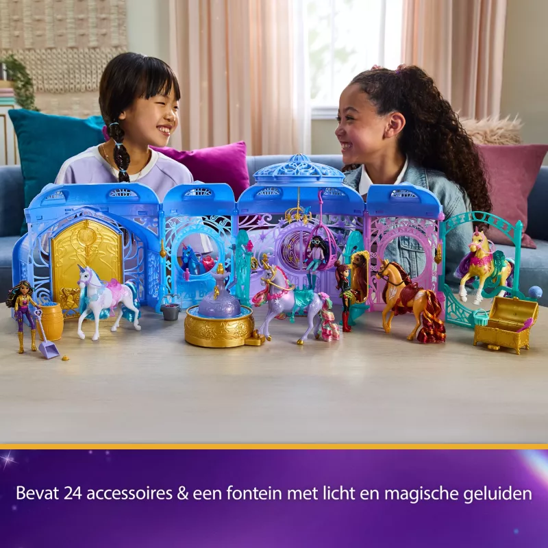 Conjunto de brincar Spin Master Unicorn Academy estábulo com fonte, efeitos de luz e som