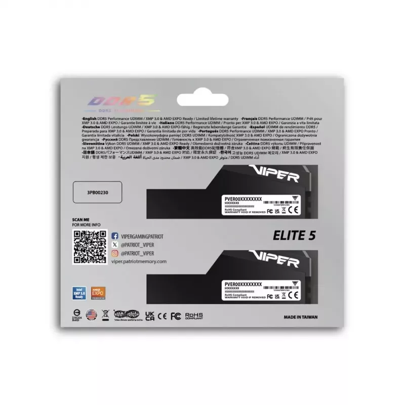 Patriot Viper Elite 5 Ultra VEU564G6028K 64GB (2x32GB) DDR5-6000 CL28 kit de RAM para computador de secretária, Intel XMP 3.0, AMD EXPO, dissipador, preto