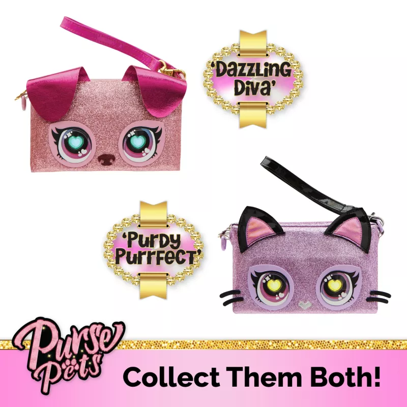 Purse Pets, Keepin’ It Clutch Dazzling Diva brinquedo de cachorro e bolsa de pulso com olhos arco-íris luminosos, brinquedo para meninas a partir dos 4 anos