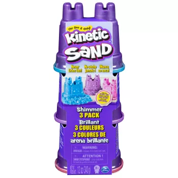 Kinetic Sand, Shimmer Sand pack de 3 com moldes e 340g, areia cinética para crianças, 4 anos, não tóxica, plástico, azul, rosa, roxo