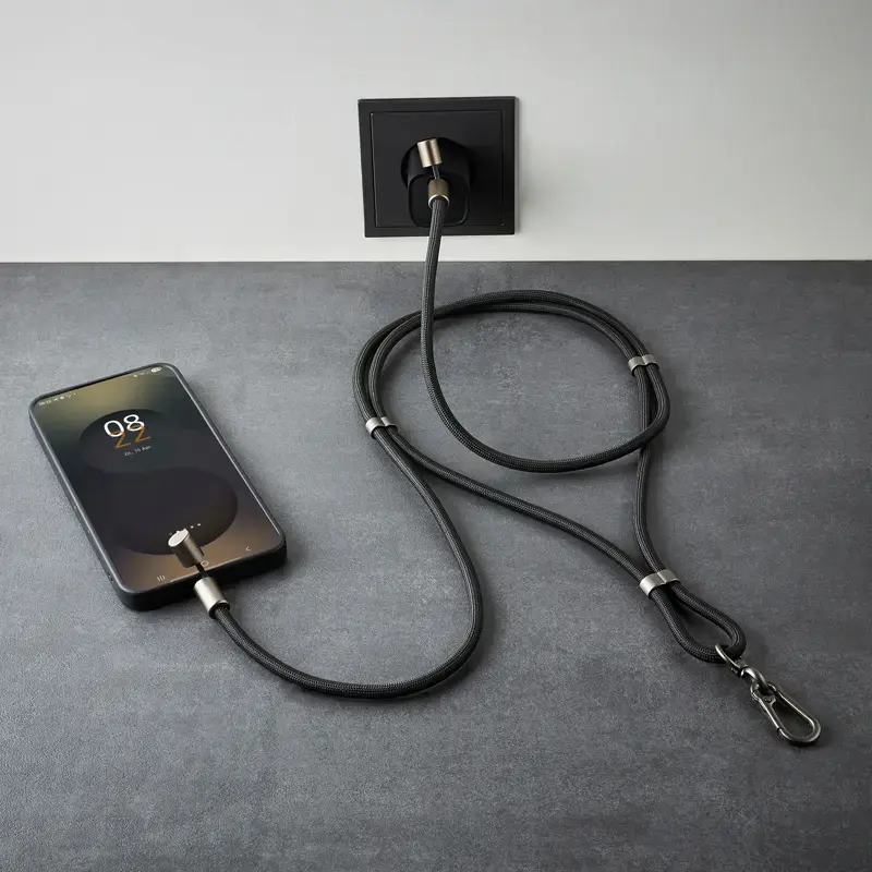 Cabo de pescoço para telefone com carregamento USB-C Intenso 60W carregamento rápido comprimento ajustável 1,65m nylon preto