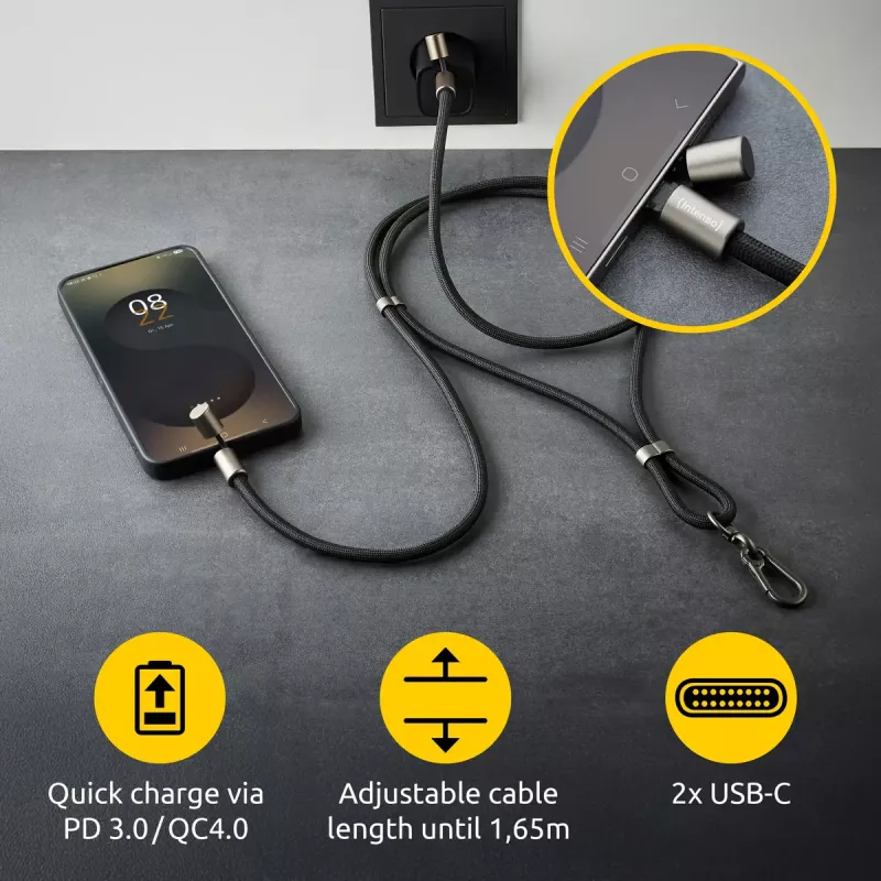 Cabo de pescoço para telefone com carregamento USB-C Intenso 60W carregamento rápido comprimento ajustável 1,65m nylon preto