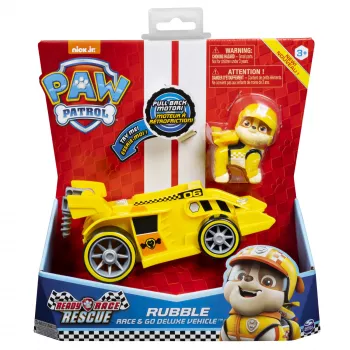 PAW Patrol , Ready, Race, Rescue Veículo Rubble’s Race & Go Deluxe com som, para crianças a partir de 3 anos