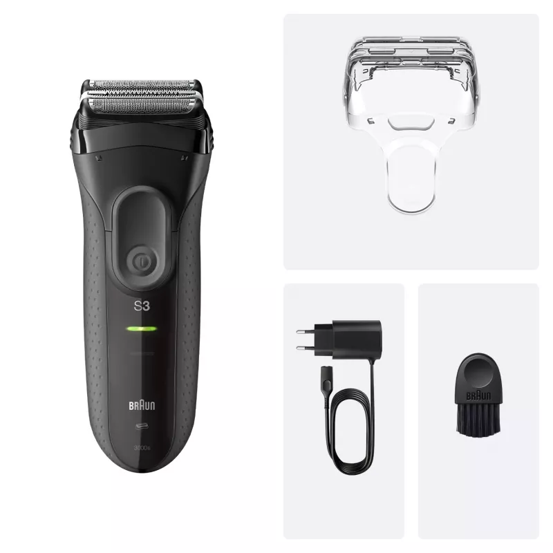 Máquina de barbear de folha BRAUN Serie 3 3000S, cinzento, sistema de folha, bateria NiMH integrada, alimentação AC/bateria, 57×48×156 mm