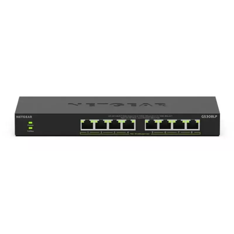 NETGEAR GS308LP Gigabit Ethernet não gerido (10/100/1000) Power over Ethernet (PoE) de secretária preto