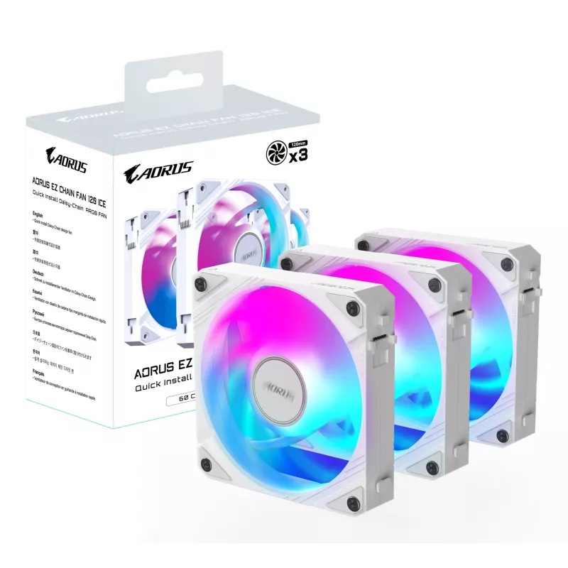 Ventoinhas de caixa Gigabyte AORUS EZ CHAIN FAN 120 ICE, pack de 3, 120 mm, brancas, GP-ECFAN1203 ICE