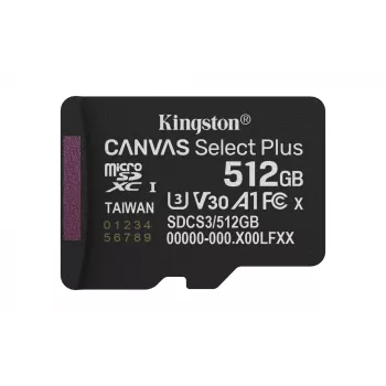 Kingston Technology 512GB micSDXC Canvas Select Plus Gen3 150R A1 embalagem individual sem ADP