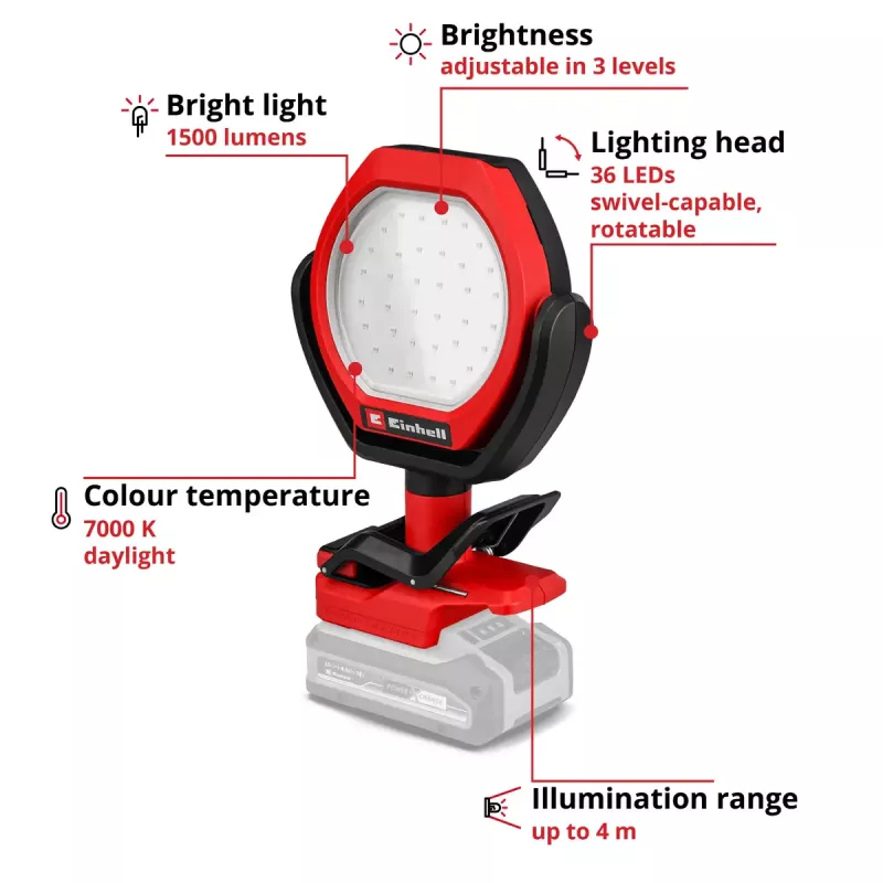 Luminária exterior com bateria EINHELL GC-OL 18/1500 Li‑Solo — luminária LED, bateria e carregador não incluídos