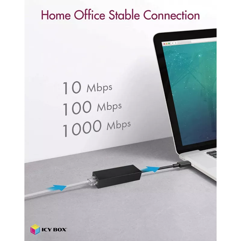 ICY BOX USB 3.0 Type-A para porta Ethernet RJ-45, com fios, USB, Ethernet, 1000 Mbit/s, preto