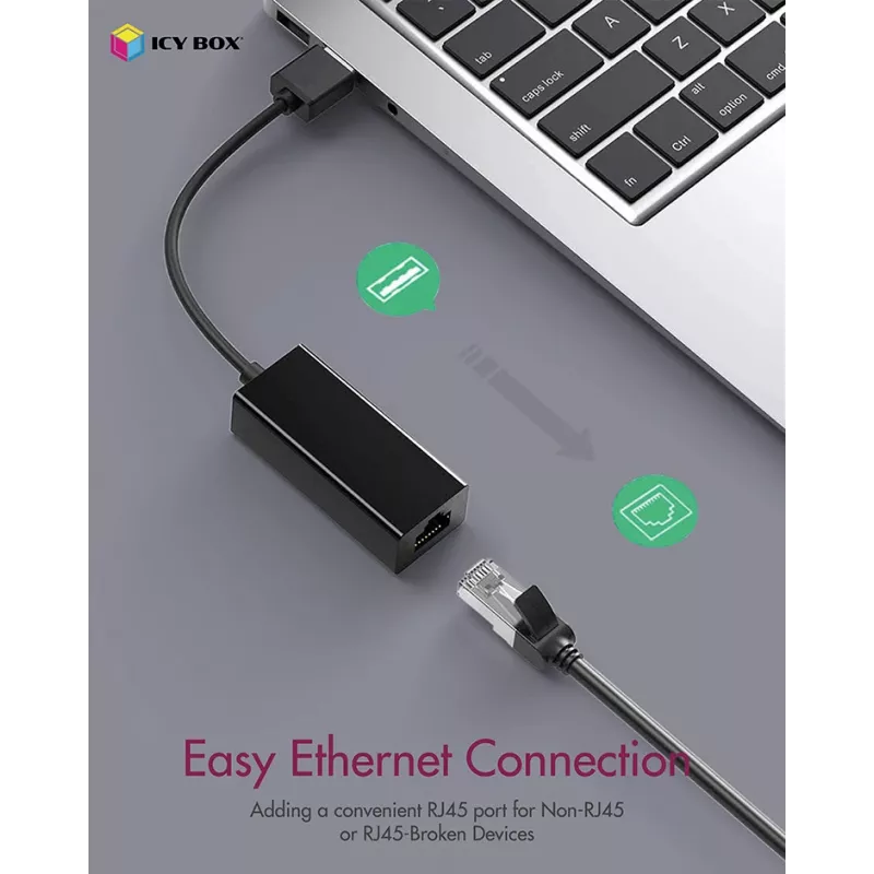 ICY BOX USB 3.0 Type-A para porta Ethernet RJ-45, com fios, USB, Ethernet, 1000 Mbit/s, preto
