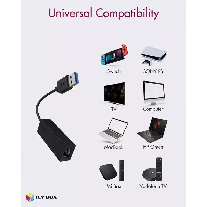 ICY BOX USB 3.0 Type-A para porta Ethernet RJ-45, com fios, USB, Ethernet, 1000 Mbit/s, preto
