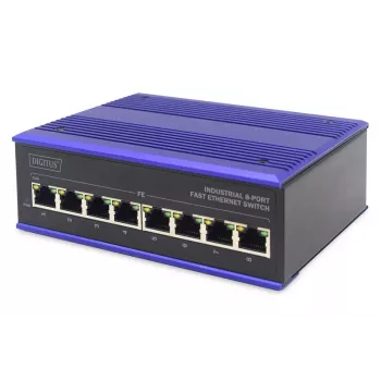 Switch Fast Ethernet Industrial 8 portas DIGITUS montagem em calha DIN, gama de temperatura alargada