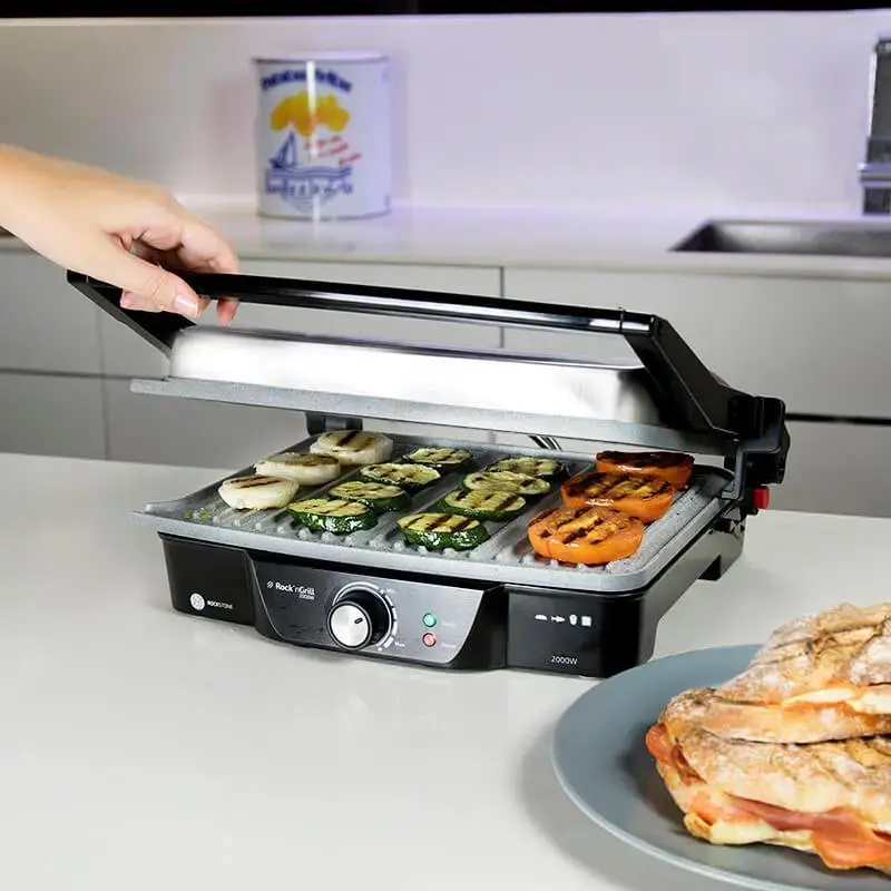 Grelhador de contacto CECOTEC Rock'nGrill 2000 — 2000 W, retangular, preto/aço inoxidável, termostato ajustável, 340×330×130 mm