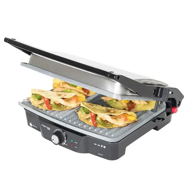 Grelhador de contacto CECOTEC Rock'nGrill 2000 — 2000 W, retangular, preto/aço inoxidável, termostato ajustável, 340×330×130 mm