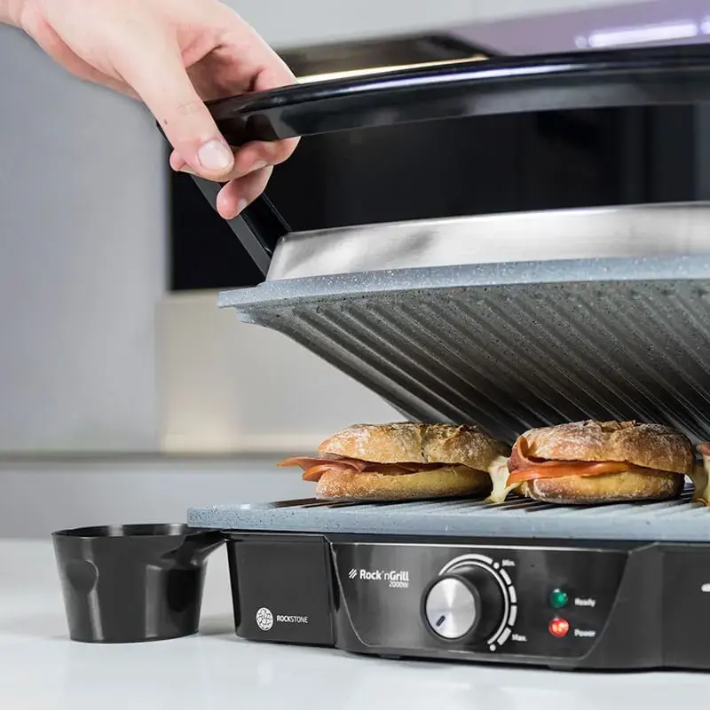 Grelhador de contacto CECOTEC Rock'nGrill 2000 — 2000 W, retangular, preto/aço inoxidável, termostato ajustável, 340×330×130 mm