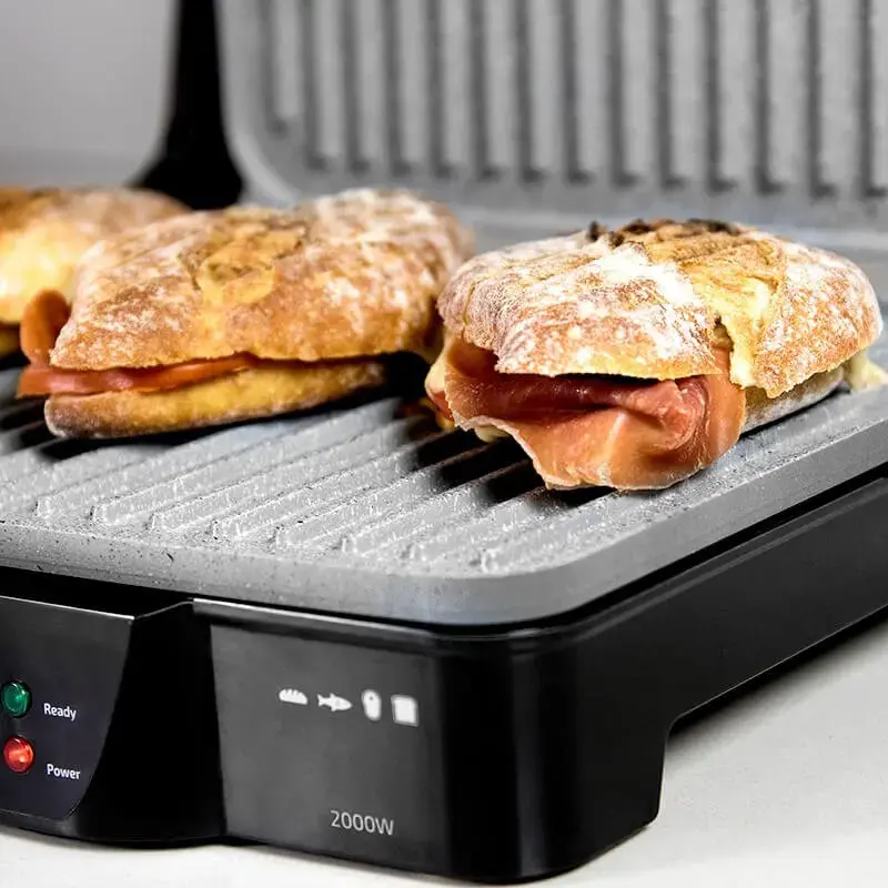 Grelhador de contacto CECOTEC Rock'nGrill 2000 — 2000 W, retangular, preto/aço inoxidável, termostato ajustável, 340×330×130 mm