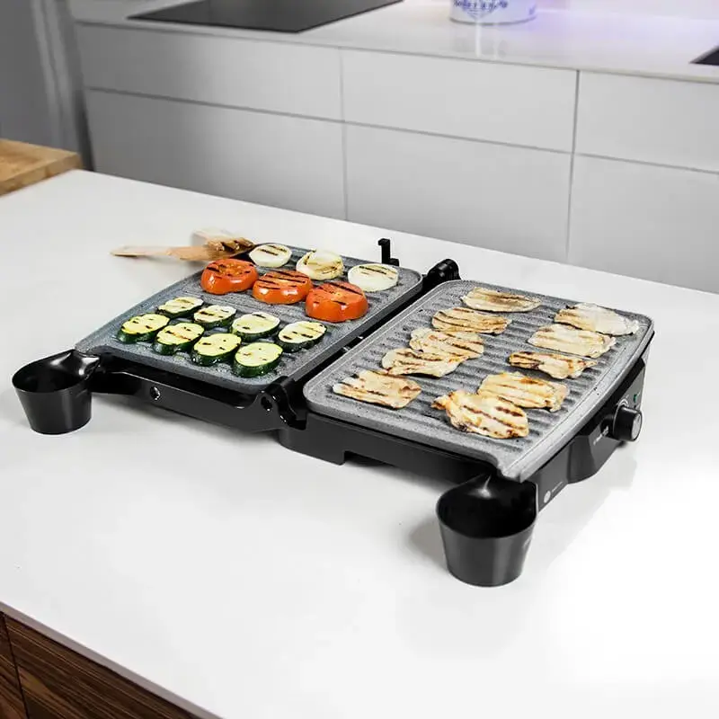 Grelhador de contacto CECOTEC Rock'nGrill 2000 — 2000 W, retangular, preto/aço inoxidável, termostato ajustável, 340×330×130 mm