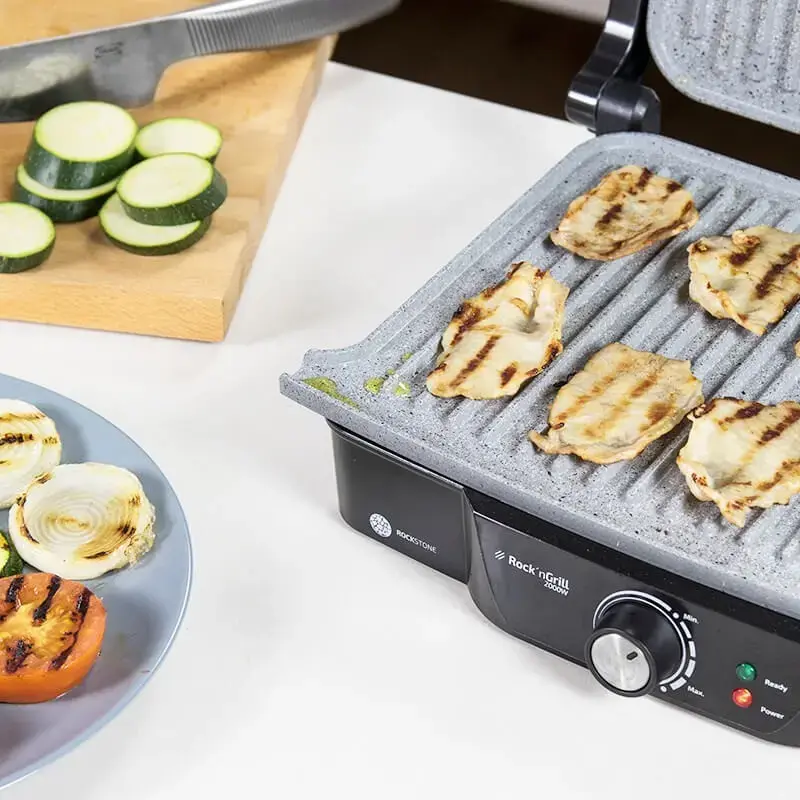 Grelhador de contacto CECOTEC Rock'nGrill 2000 — 2000 W, retangular, preto/aço inoxidável, termostato ajustável, 340×330×130 mm